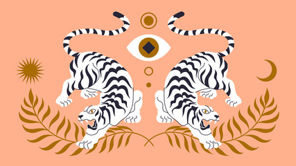 Vector card with chinese tigers in boho asian style. Beautiful animal print design. For fabric, wall art, interior design, social media post, packaging. Floral branch, crescent moon, star, magic. 