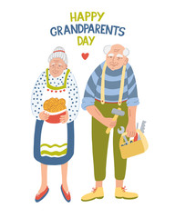 Happy grandparents day. Hand drawn lettering and vector illustration of a senior couple. Grandpa with carpentry tools and grandma with sweet buns.  Isolated on white background. Happy family.