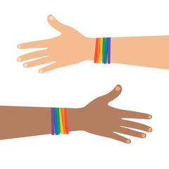 Hands of different colors with bracelets of LGBT colors. Symbol of freedom for LGBT movement. Multinationality of the LGBT movement. LGBT color bracelet on a hand on a white background. Vector.