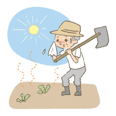 炎天下に畑仕事をする男性