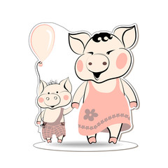 Vector sticker Characters mom Pig and Son Piggy merrily, holding hands holding the piglet holding a balloon. Happy childhood! Drawing of a cute cartoon pet