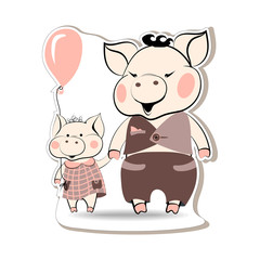 Vector sticker Characters dad Pig and Son Piggy merrily, holding hands holding the piglet holding a ball. Happy childhood! Drawing of a cute cartoon pet