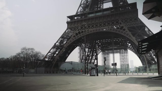 Paris, France / 04 13 2020 : Deserted Eiffel tower during coronavirus / Covid-19 lockdown in Paris, france 4K
