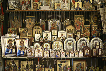 Kalambaka, Greece - September 17, 2019: Orthodox icons in a church shop, church faith concept