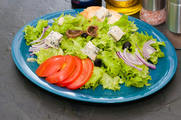 Salad with octopus or squid, cheese, tomato, olives, onions, spices and croutons, sauce or oil on blue plate, copy space.