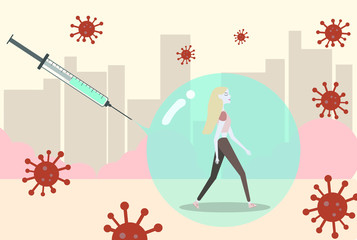 Happy young woman inside a bubble made by a vaccine like a shield walking in a city. Protection and prevention concept. 