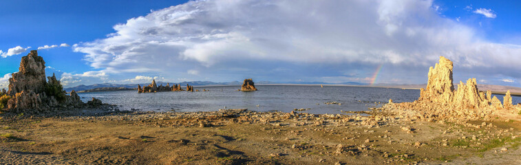 Mono lake during sunset with dramatic clouds, panorama