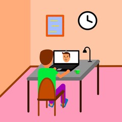 Man sits with his back in the room on a chair at the table and communicates on a video call on his laptop.