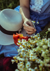 Girl / dress / hand / flowers / basket / hat / poppy / camomile
