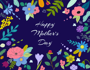 Mothers day greeting with spring colorful flowers vector illustration. Happy Mothers day card, template, pattern, invitation in doodle style