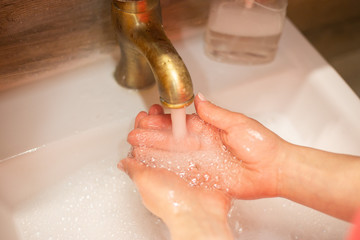 Fototapeta premium Hand wash with soap, cleanliness and hygiene 