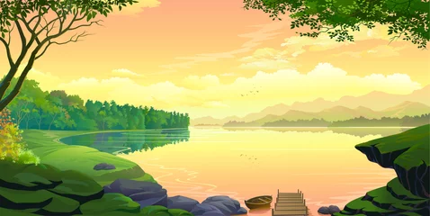 Foto op Plexiglas Een zonsondergang uitzicht op een meer met bergen en de oranje luchten. © ActiveLines
