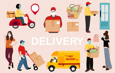 Online delivery contactless service to home,office with truck,bike. delivery man is waring mark to prevent coronavirus