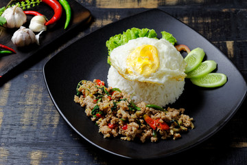 Stir fried Thai basil with minced pork and a fried egg on dark background
