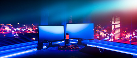 Room with neon lights. Game Zone. Interior for computer games, game sports and stream. Abstract...