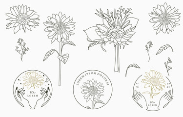 Black,gold flower logo collection with flower,leaves,geometric.Vector illustration for icon,logo,sticker,printable and tattoo