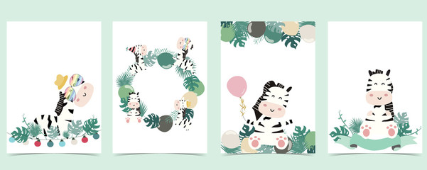 Green animal collection of safari frame set with leaves,zebra vector illustration for birthday invitation,postcard,logo and sticker
