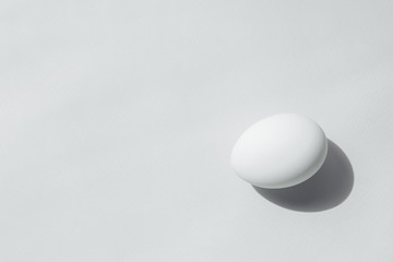 A white face lies at the edge of the frame. The egg is a beautiful regular shape. It also casts a shadow to the right. The background is plain gray. The entire image was taken in gray colors.