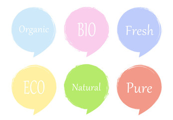 Natural, Organic, Fresh, Pure, BIO, ECO color circle brush stroke backgrounds. Vector inscription words in colored labels.