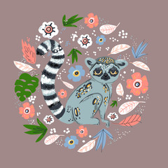 Cute funny ring-tailed lemur and tropical plant. Madagascar exotic Lemur catta. Vector illustration in flat and cartoon style and floral elements © Yuliia Zolotova
