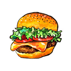 ハンバーガー　水彩イラスト