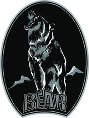 Black-white logo of the emblem of an aggressive, angry bear. Design for t-shirts. Vector image.