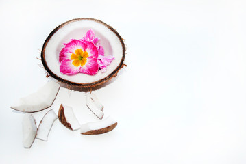 Coconut and pink flowers on a white background. Half and pieces of coconut.