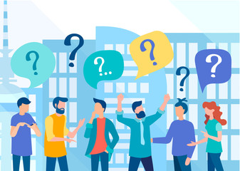 A business team in the background of a big city discusses urgent issues and problems