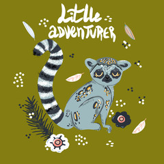 Cute funny ring-tailed lemur and tropical plant. Madagascar exotic Lemur catta. Vector illustration in flat and cartoon style , hand draw lettering and floral elements