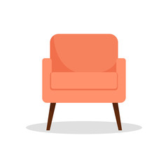 Bright beautiful armchair on the high legs of orange on an isolated white background. Logo, icon, concept for interior design and web page. Modern design. Flat style. Vector illustration.
