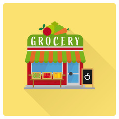 Little groceries shop building facade flat design vector illustration