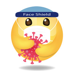 Emoji, Emoticon vector, Round Yellow cartoon wears face shield and mask to protect virus. Design for use in chat, email, massage and comment.
