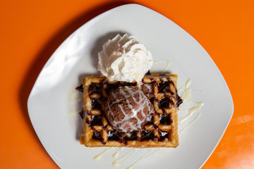 Homemade thick belgium waffles. Dessert, liege.