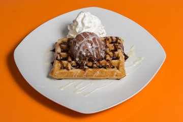 Homemade thick belgium waffles. Dessert, liege.