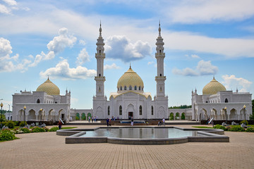Russia, Kazan June 2019. Beautiful white mosque in Bulgars. Republic of Tatarstan, Russia. Islam, religion and architecture.