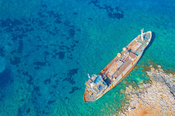 Shipwreck in Cyprus. Pathos. White stones. The ship ran aground view from above. The ship crashed...