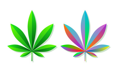 Cannabis and marijuana leaves in green and abstract colours isolated on white background