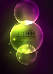 Glowing neon shiny transparent bubbles, glass circles or bio cell concept. Techno futuristic vector abstract background For Wallpaper, Banner, Background, Card, Book Illustration, landing page
