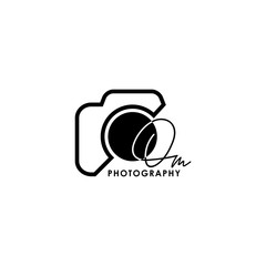Initial Letter OM with camera. Logo photography simple luxury vector.