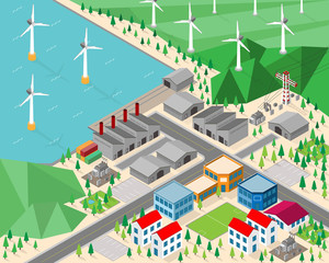 wind turbine energy, wind turbine power plant in isometric graphic