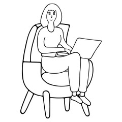 The girl works from home. Quarantine in a pandemic. Freelancer works online. Vector. Contour on an isolated white background. Doodle style. Sketch. A woman is sitting on an armchair with a laptop.
