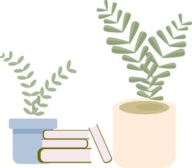 two plants in pot on the ground with a stack of books next to it