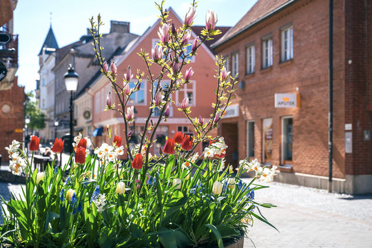 Typical architectural street scene from the small Swedish city Ystad in south Sweden.