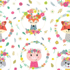 Seamless pattern with flowers and animals. Vector decoration wallpaper. Background illustration for kids.