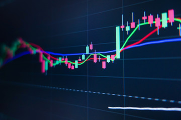 Stock market trading graph and candlestick chart on screen monitor background. Financial investment and economic concept.
