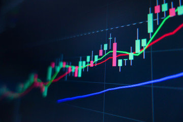 Stock market trading graph and candlestick chart on screen monitor background. Financial investment and economic concept.