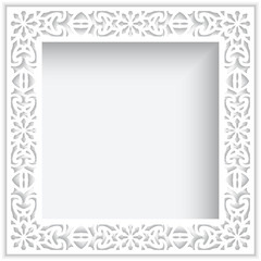 Square white frame with lace border pattern, template for laser cutting.