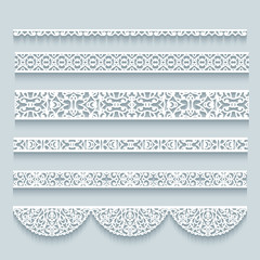 Set of seamless border patterns. Crochet lace ribbons. Elegant cutout paper lines on neutral background. Ornamental templates for scrapbooking or laser cutting. 