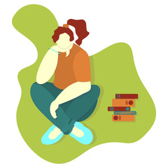 Tired student having stress before an exam. Young girl sitting propping her head up with hand. Concept of procrastination. Vector illustration in flat cartoon style. Stack of thick books for study.