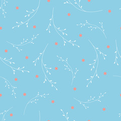Seamless vector pattern. White twig on a blue background with pink peas. Wrapping paper. Fabric print